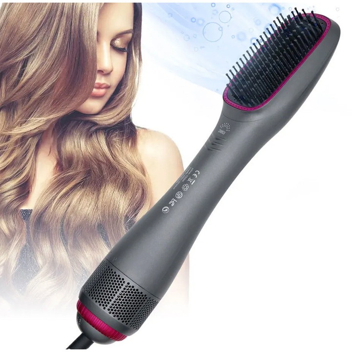 Perie electrica de par Regal Bliss ®, 3 in 1 pentru volum si indreptare rapida, turmalina ceramica, ionizare negativa, uscare si stilizare, setari reglabile de temperatura, potrivita pentru toate tipurile de par, Putere 800-1000W, Gri