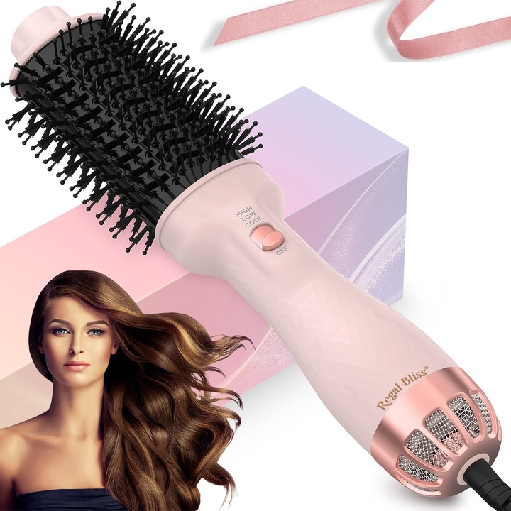 Perie electrica de par Regal Bliss ®, pentru volum, cu turmalina ceramica, ionizare negativa, uscare 360° si stilizare, 3 setari de temperatura cu aer cald si rece, potrivit pentru orice lungime si tip de par, 1000W, Roz