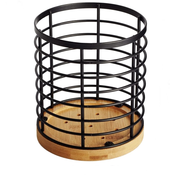 Suport Rotund FizioTab® pentru Tacamuri si Ustensile de Bucatarie, din Metal si Lemn de Bambus, 13X15 cm