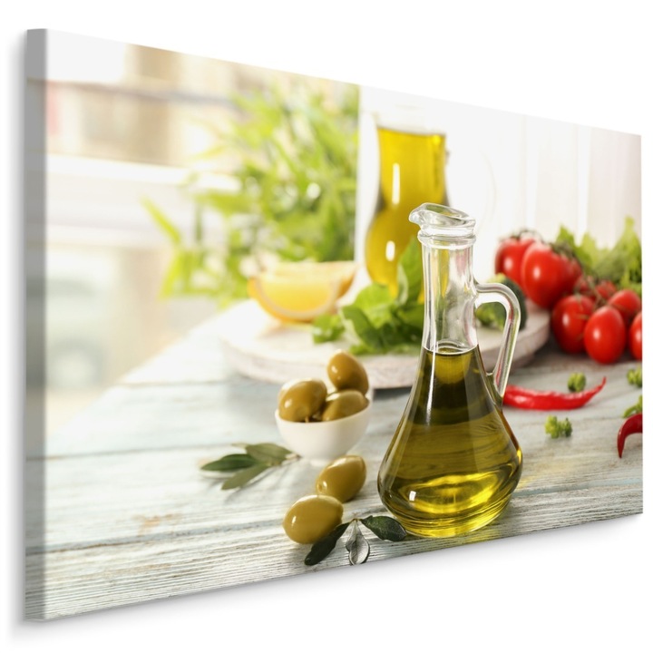 Tablou pentru Bucatarie Legume colorate si ulei de masline 70x50cm Canvas, Decorarea peretelui, Decoratiuni Moderne pentru Casa