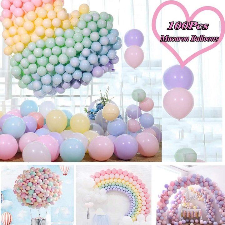 Латексови балони Macaron Pastel, 20% по-дебели, лесни за надуване с въздух или хелий, Многоцветни пастелни, 100 броя, 30 см