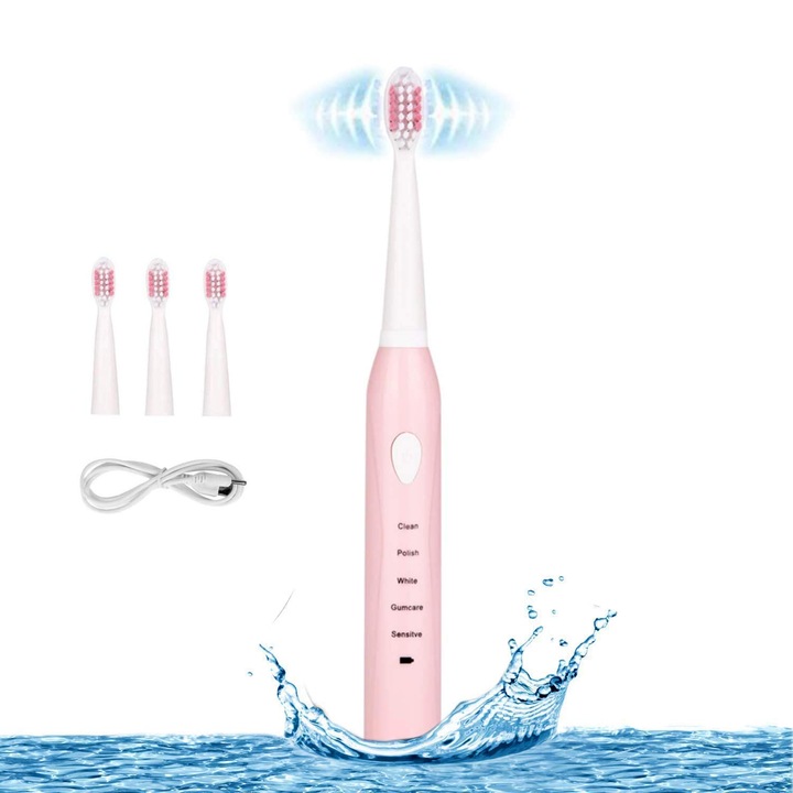 Periuta de dinti electrica sonica, 4 capete de schimb incluse cadou, ideala pentru adulti, copii si adulti. Periuta de dinti rezistenta la apa, cu incarcare rapida prin USB, roz