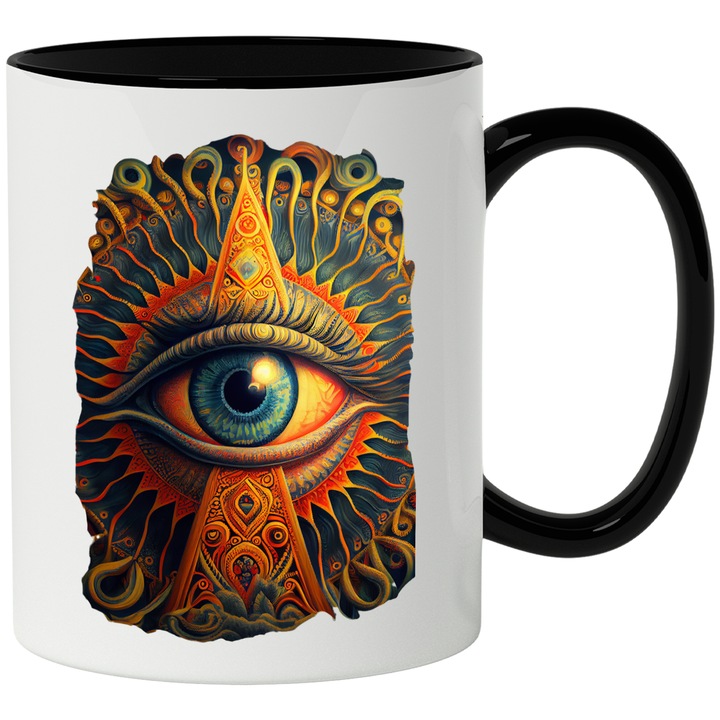 Cana Cu Ochi, Hindu, Arta Abstracta, Spiritualitate, Multicolor 330 ml, Ceramica cu Maner Negru