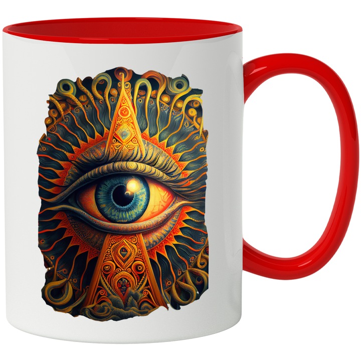 Cana Cu Ochi, Hindu, Arta Abstracta, Spiritualitate, Multicolor 330 ml, Ceramica cu Maner Rosu