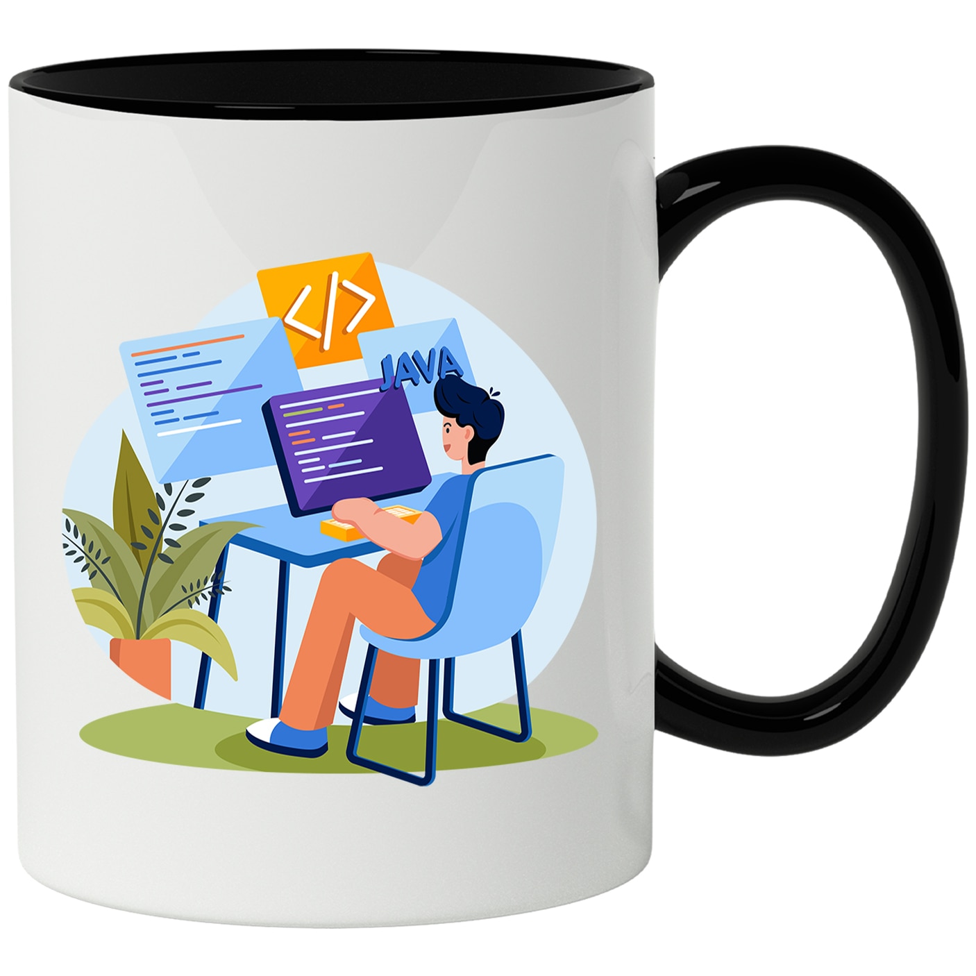 Bögre íróasztallal, programozás, kód, Java, monitor, billentyűzet ...