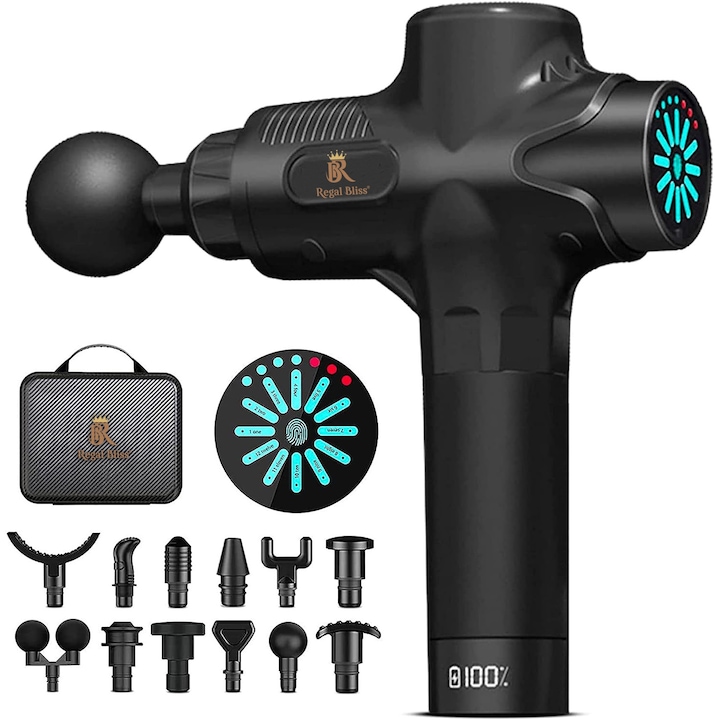 Aparat pentru masaj profesional Regal Bliss ®, tip pistol, anticelulitic, relaxare pentru corp, silentios cu doar 40dB, ecran LCD, timp de operare pana la 15h, cu 12 capete pentru orice grupa musculara, Set, Negru