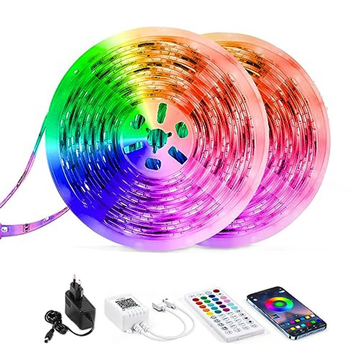 Комплект RGB LED ленти VIELLAN, 30 м, 2 x 15 м, Приложение/Bluetooth/Дистанционно управление, Смяна на цветовете в ритъма на музиката, 24 V, Гласов контрол