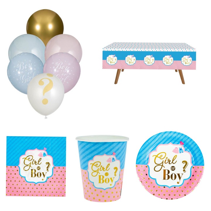 Set Accesorii Petrecere Gender Reveal Boy cu farfurii, pahare, servetele, fata de masa, baloane si turn confetti albastru, 42 de piese