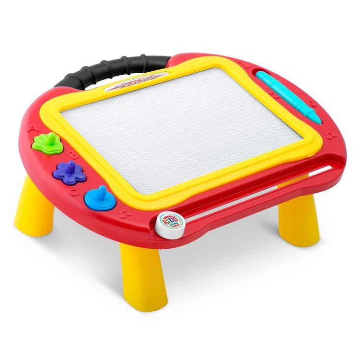 Tabla magnetica educativa 2in1 DacEnergy©, cu picioare, pentru desen si scris, cu creion, 3 timbre magnetice, stergere instantanee, 38,5 x 28 x 19 cm, galbena si rosu