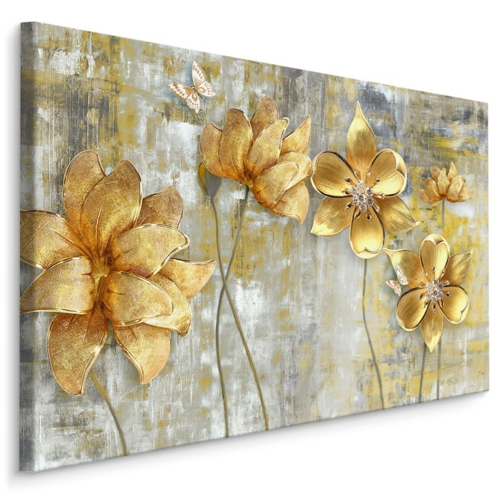 Tablou Decorativ pentru Living 3D flori aurii si fluture 100x70cm Canvas, Abstract Modern Art, Decorarea peretelui