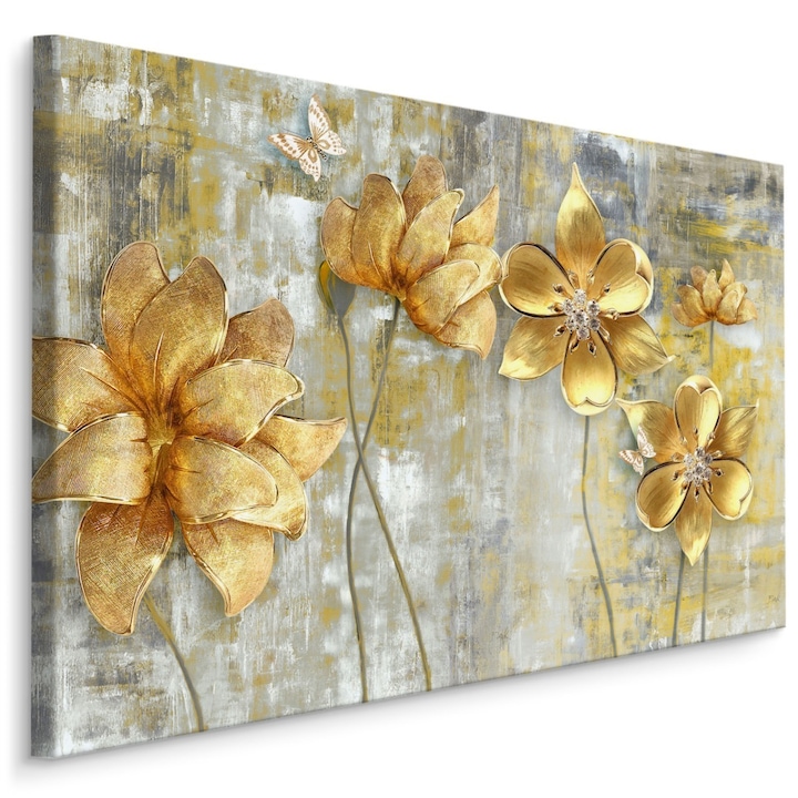 Tablou Decorativ pentru Living 3D flori aurii si fluture 120x80cm Canvas, Abstract Modern Art, Decorarea peretelui