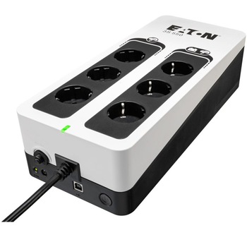 UPS Eaton 3S550D, Gen2 DIN, 550 VA/330 W, Standby, intrare Schuko, 6 iesiri (3 cu baterie si protectie, 3 doar protectie supratensiune), port USB, baterie plumb-acid sigilata 12V/5Ah, inlocuibila, forma turn, montabil pe perete, autonomie ~10-20 min