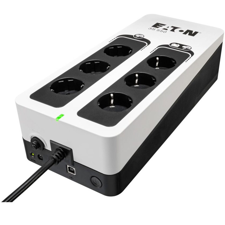 UPS Eaton 3S Gen2 DIN, 550 VA, 330 W, Вход: Шуко, Изходи: (3) Шуко, (3) Шуко само защита от пренапрежение, USB комуникация, Кула