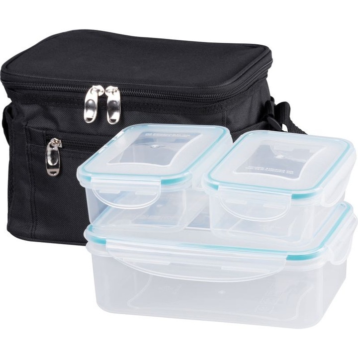 Set geanta termoizolanta cu 3 containere plastic pentru mancare, 2x0.5l si 1.5l