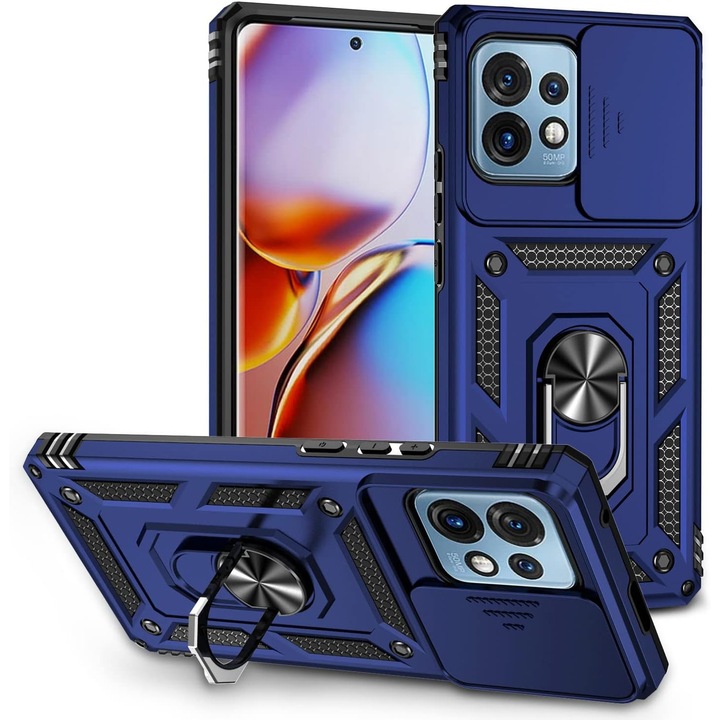 Husa ARMOR antisoc model HYBRID cu inel, protectie glisanta si placuta metalica, compatibila cu Motorola Edge 40 Pro / Albastru