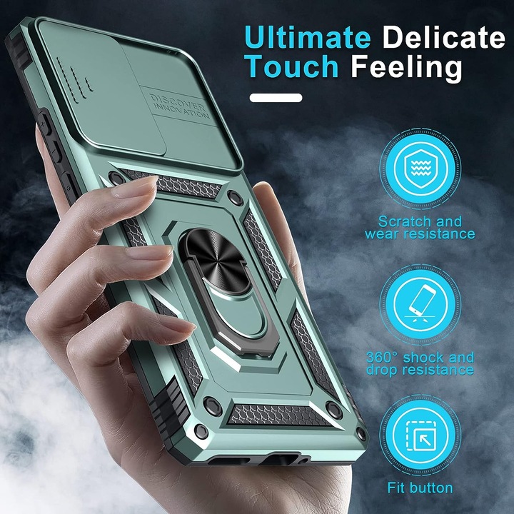 Husa ARMOR antisoc model HYBRID cu inel, protectie glisanta si placuta metalica, compatibila cu Motorola Edge 40 Pro / Verde