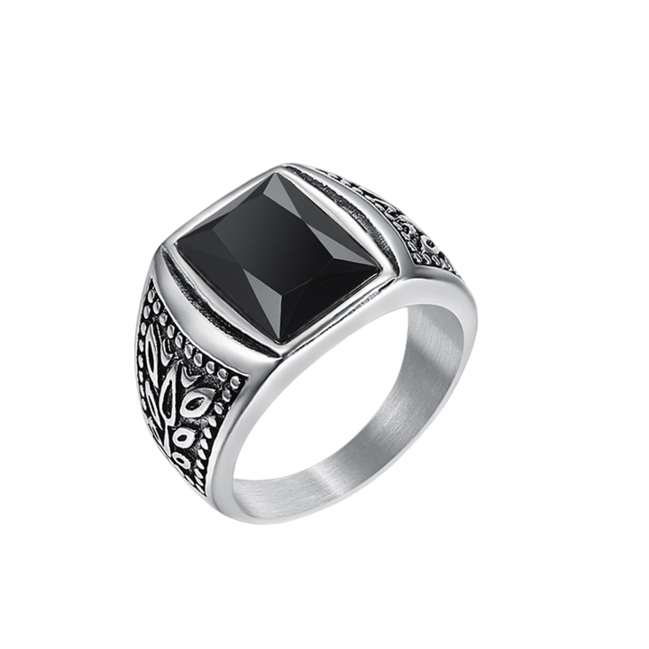 Inel inox cu zirconiu negru si frunze 20516