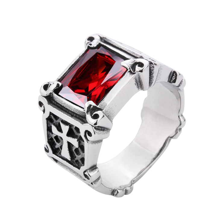 Inel inox cu zirconiu rosu si cruce 20536