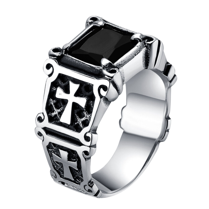 Inel inox cu zirconiu negru si cruce 20541