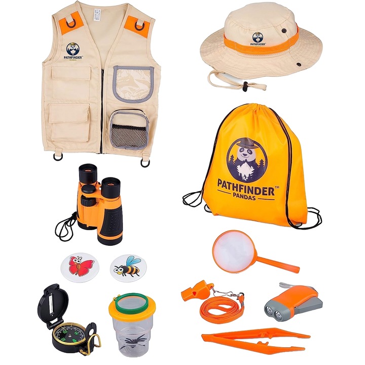 Set de cercetare pentru explorarea naturii, kit explorator aventurier cu vesta, palarie, binoclu, lanterna, fluier, busola, penseta, lupa, geanta de depozitare, portocaliu