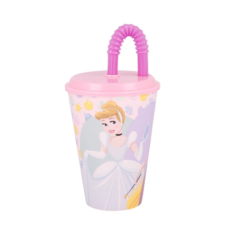 Pahar de baut sport pentru copii, Stor, Plastic, Disney, Printesa, cu paie, 430 ml, Multicolor