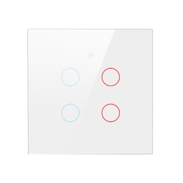 Intrerupator inteligent cu touch Tuya, Life Smart, Wi-Fi, cu sau fara nul, 4 canal, 10A, Sticla securizata, compatibil Amazon Alexa/Google Assistant, Alb @SmartWiz