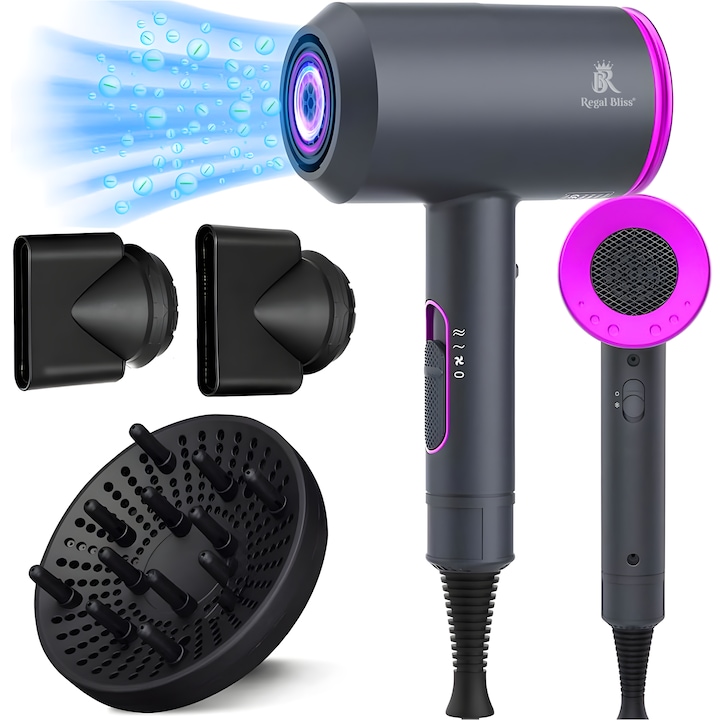 Uscator de par profesional ionic Regal Bliss ®, uscarea rapida ca la salon, nucleu ceramic, ioni negativi, cu 2 viteze si 3 trepte de temperatura, Putere 2000W, Set 3 Accesorii, Roz si Negru