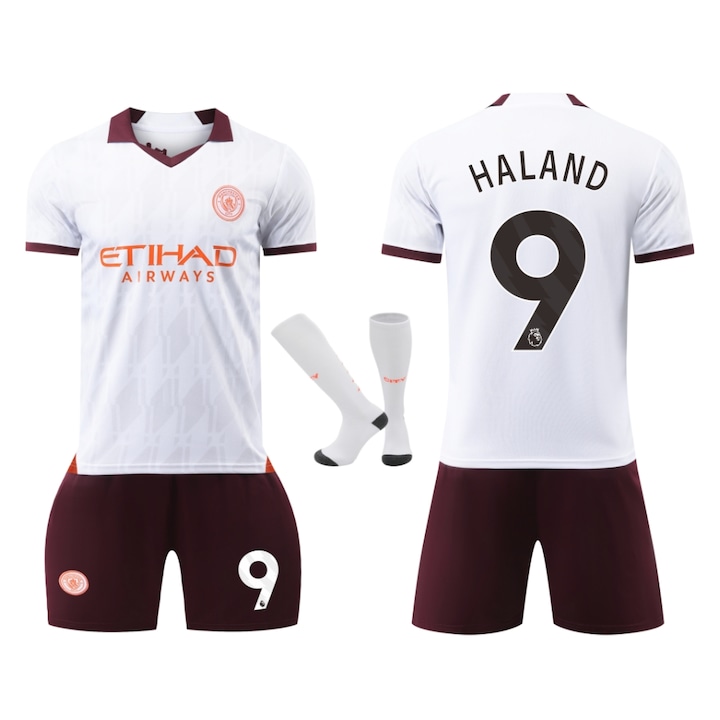 Спортен екип за деца Manchester City Haaland Fotbal Tricou Set, Полиестер, Бял