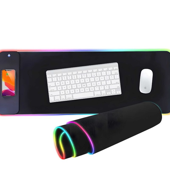 Mousepad gaming, Cu incarcare rapida Wireless, Compatibil cu Android, IOS, 13 moduri de led RGB, Rezistent la apa si usor de curatat, Pentru birou, Gaming, Antiderapant, Dimensiuni 800x300x400mm