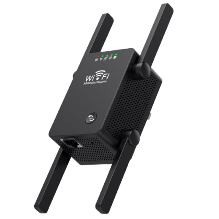 Безжичен усилвател на сигнала MAttiRON®, Wifi адаптер Range Extender, 4 антени, 300Mbps, 2,4 Ghz, LAN слот, Черен