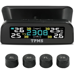 Sistem extern de monitorizare presiune anvelope masina, JENUOS®, 6 moduri de alarma, afisaj LCD, cu incarcare solara si micro USB, waterproof, Negru