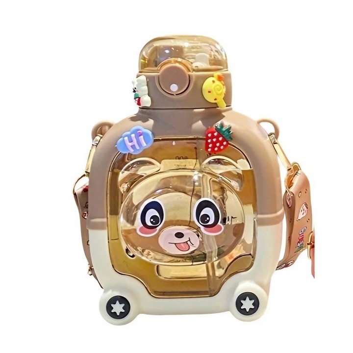 Sticla cu pai pentru copii model ursulet, stickere aplicate, curea reglabila, din plastic rezistent, 1l, Maro, 20 x 13 cm, Avaleea