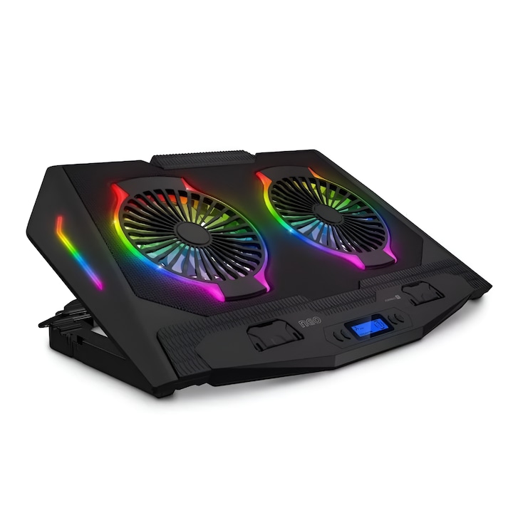Cooler Laptop Gaming RGB, 2 Ventilatoare Silentioase, Inaltime Reglabila, 7 Trepte Viteza, Iluminare LED, Display LCD, 2 Porturi USB, Anti-alunecare, Universal, 17