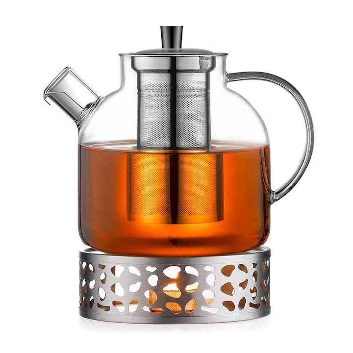 Комплект чайник/нагревателна основа, WALALLA, Неръждаема стомана/Стъкло, 1500 мл, Сребрист/Прозрачен