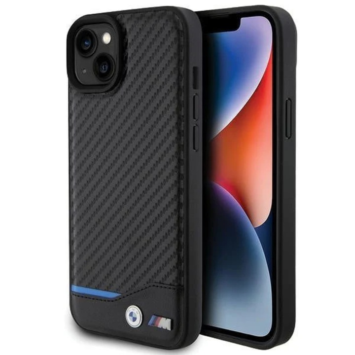 Carcasa BMW Leather Carbon compatibila cu iPhone 15 Plus, Negru