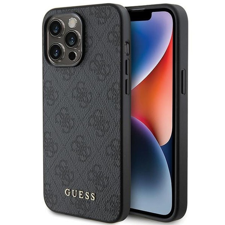 Eredeti előlap tok GUESS GUHCP15LG4GFGR iPhone 15 PRO készülékhez (4G Metal Logo / szürke)