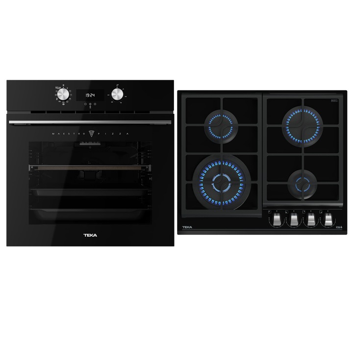 Pachet Cuptor incorporabil Teka HLB 8510 P-M-Pizza, 70 litri, Piroliza, HydroClean PRO plus Plita incorporabila pe Gaz, Teka GZC 64320 XBC BK, 4 arzatoare, 60 cm, Sticla Neagra