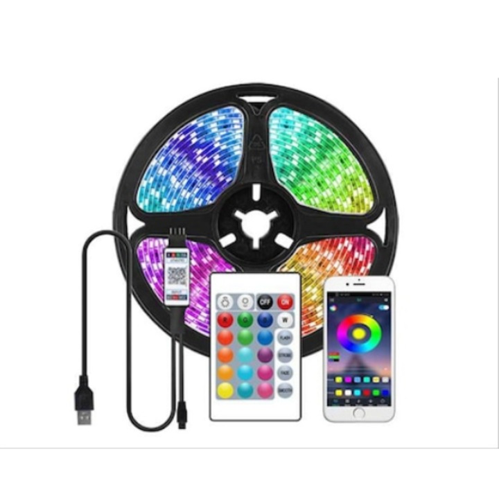 Banda LED cu telecomanda, ZYuuan, 5V, RGB, USB, Bluetooth, 150 de lumini, 5 m, Multicolor