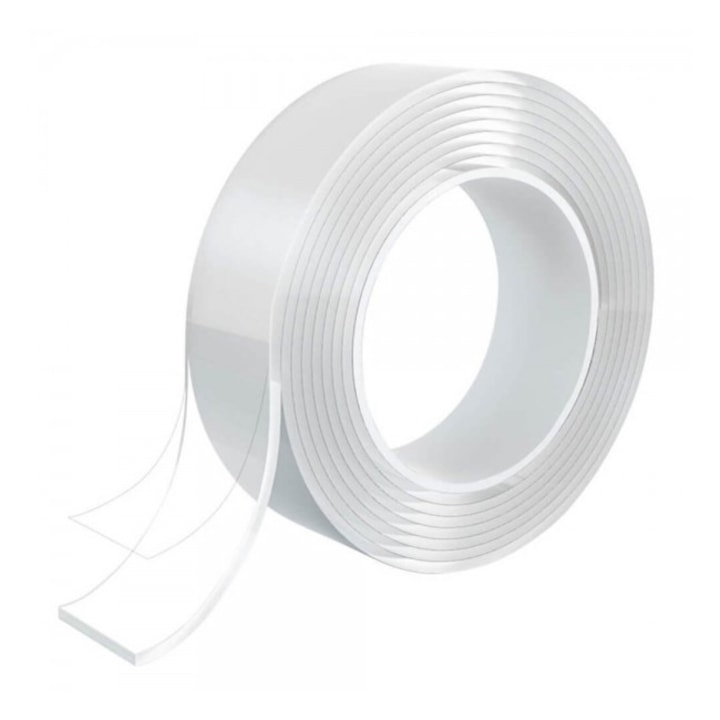 Лента WTO®, Двойна, Самозалепваща, За многократна употреба, Прозрачна, Силиконова ролка, 30 mm X 1 m