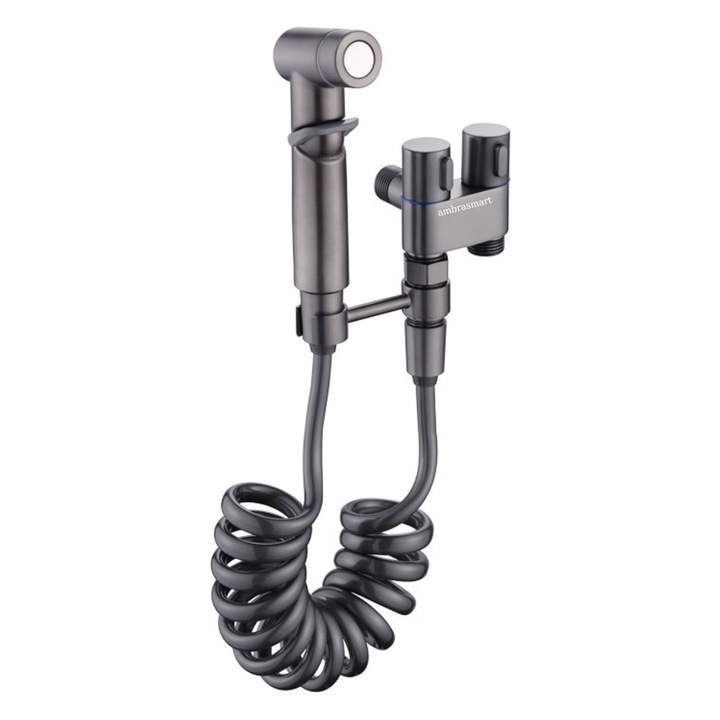 Set de dus de tip bideu cu pulverizator de apa din alama pentru toaleta, economizor de spatiu, cu control dual, evacuare cu unul in doua, supapa unghiulara