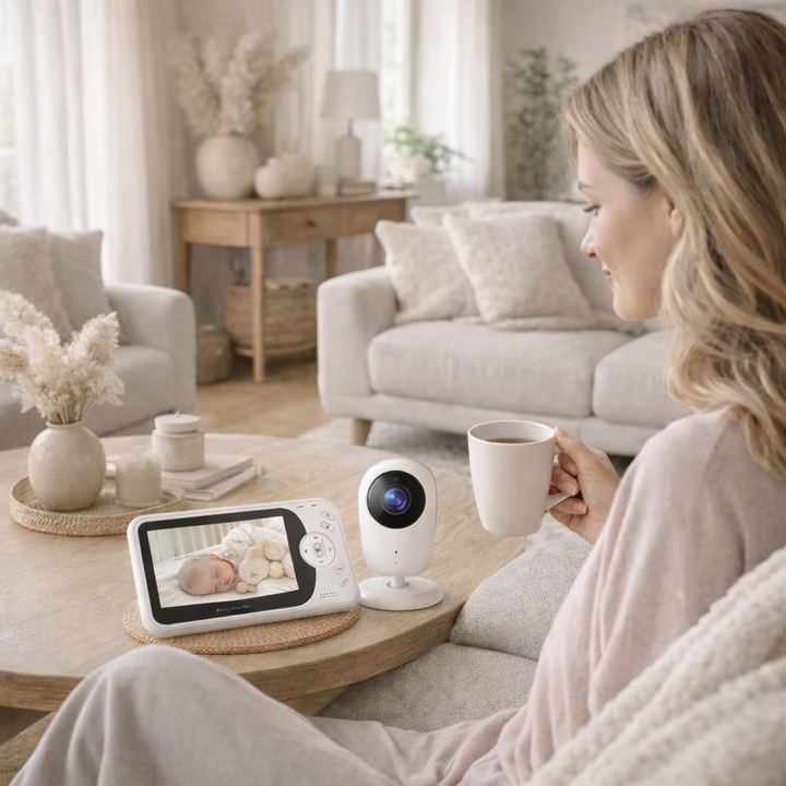 Sistem monitorizare Video si Audio pentru Bebelusi SuperBaby® IdealStore, Ecran HD de 4.3 inch, Monitorizare temperatura, Vedere de inalta calitate pe timpul noptii, Cantece de leagan, Raza mare de actiune pana la 250m, Comunicare intre cele 2 dispozitive