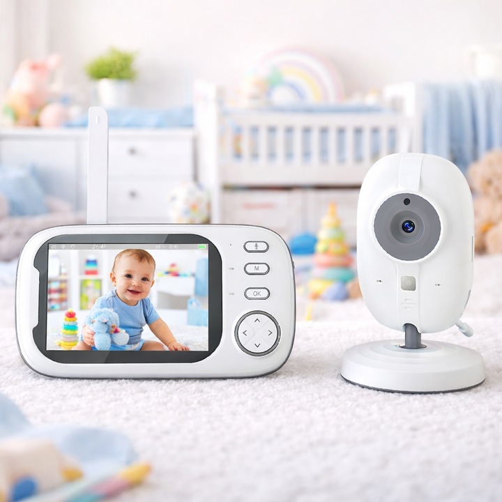 Sistem monitorizare Video si Audio pentru Bebelusi Little Baby IdealStore, Ecran HD de 3.5 inch, Monitorizare temperatura, 8 Cantece de leagan, Raza mare de actiune pana la 200m, Memento pentru alaptare, Posibilitatea de a vorbi cu copilul