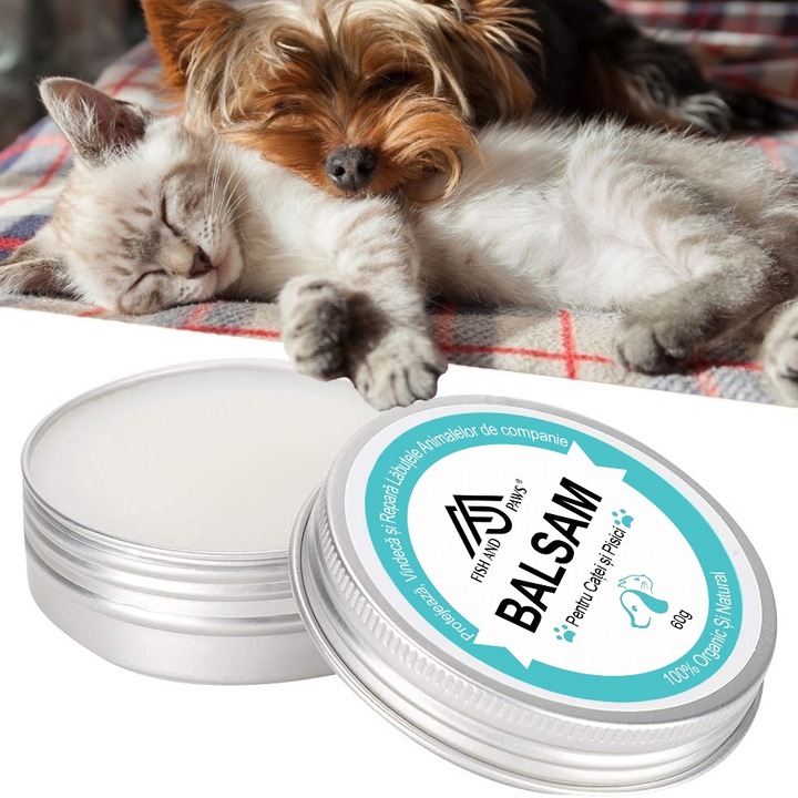 Protectie pentru labutele si nasul cainelui sau pisicii tale, balsam hidratant, formula naturala, 100% organica, ingrijire cu uleiuri esentiale, ideal pentru protectia animalului tau de companie si perfect pentru orice sezon, 60g, Fish & Paws ®