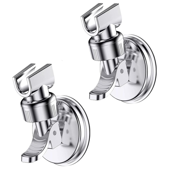 Set 2 suport cu ventuza pentru para de dus, JENUOS®, reglabil 360 grade, usor de instalat, rezistent la apa, rezistent la rugina, crom, sustinere pana la 5kg, 10.5x7 cm, Argintiu