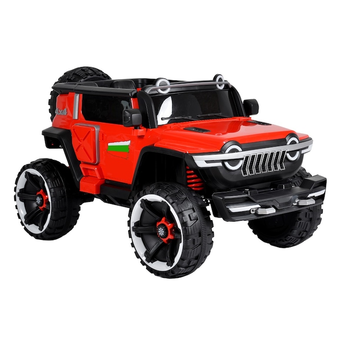 Masinuta Electrica cu acumulator pentru copii NOVOKIDS™ Thangra Jeep 4X4, 2 locuri, Max 30 kg, Cu faruri luminoase, 4 motoare, 3 Viteze, Lungime 140 cm, Rosu