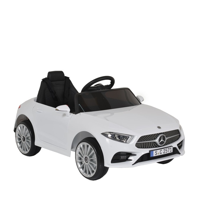 Masinuta Electrica cu acumulator pentru copii NOVOKIDS™ Mercedes CLS 350 4MATIC, Cu telecomanda, Faruri luminoase si muzica, Usi cu deschidere, Baterie12V, 2 Viteze, Lungime 104 cm, 2 motoare, Alb