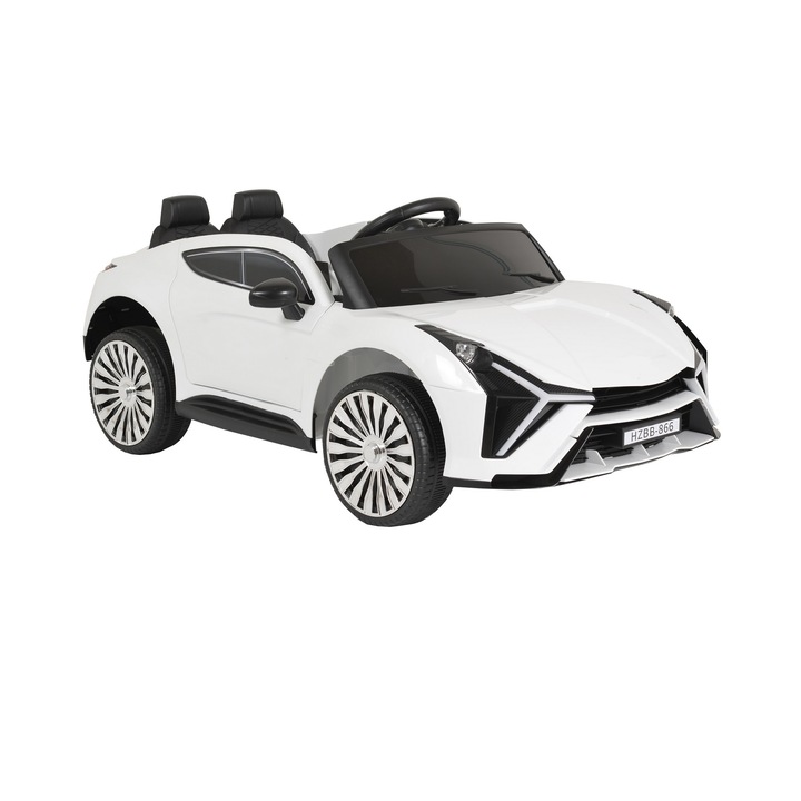 Masinuta Electrica cu acumulator pentru copii NOVOKIDS™ Dakota Racer, Cu telecomanda, Melodii si lumini, Max 20 kg, Usi cu deschidere, Baterie12V, 2 Viteze, Lungime 105 cm, MP3, Alb