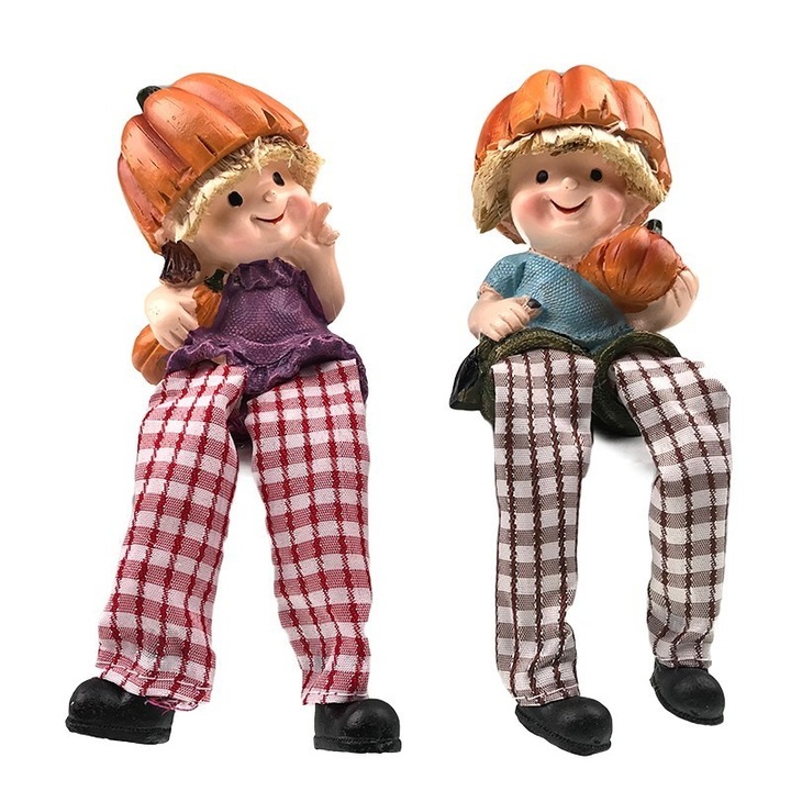 Декоративен орнамент, Деца със сламена коса и шапка във формата на тиква, Портокал, 17 см, 1144H