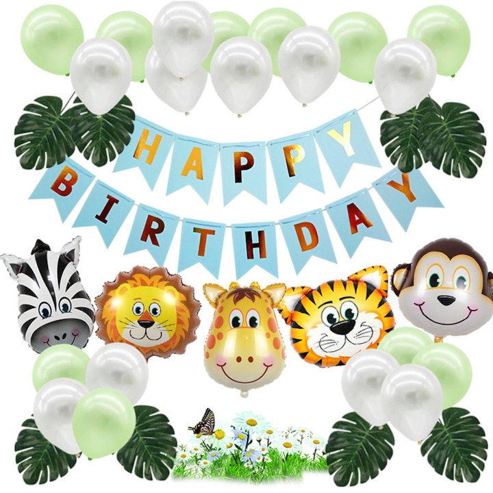 Комплект балони и украса за рожден ден за деца, тема джунгла, ZYuuan, зелено