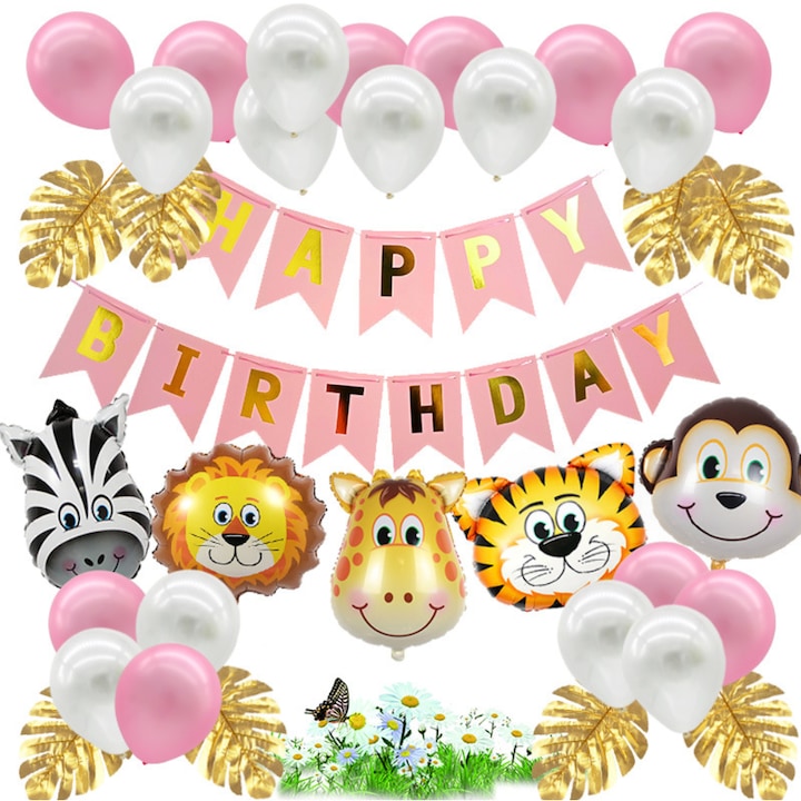 Комплект балони и украса за рожден ден за деца, тема джунгла, ZYuuan, розово